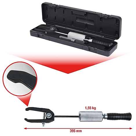 Werkzeug zum Ausbeulen von Karosserie. In geöffnetem Koffer und Detailansicht. Maße 395 mm, 1,55 kg.